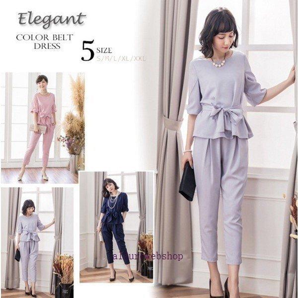 スーツ レディース フォーマル ママ パンツスーツ パーティードレス パンツドレス 結婚式 入園式 卒業式 卒園式 二次会 ウェストリボン 2点セットアップ パンツスーツ サイズ Xxl I Drain Be