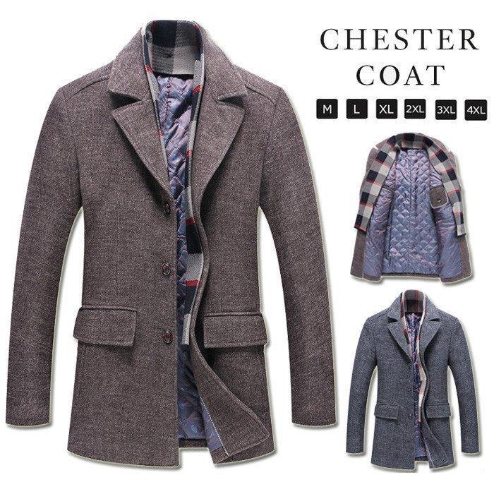 お得セット チェスターコート ステンカラーコート メンズ ビジネスコート マフラー付 ウールコート 秋冬 おしゃれ 通勤 細身 防風 細身 厚手 紳士服 メルトン アウター コート アウター Cinaf Fr