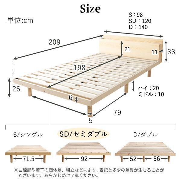 在庫あり即納 〔すのこベッド 宮付き〕 セミダブル パイン材 高さ3段階調整脚付き ホワイトウォッシュ 木製 高通気性〔代引不可〕