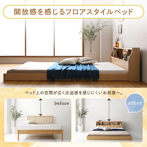 ベッド 低床 ロータイプ すのこ 木製 宮付き 棚付き コンセント付き シンプル モダン ホワイト シングル ボンネルコイルマットレス付き - 2