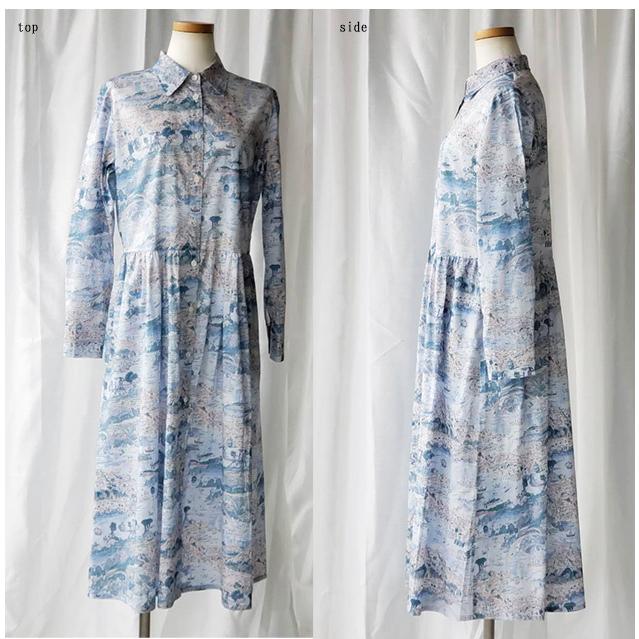 高い素材 タナローン リバティワンピース リバティプリント使用 ブルー ストーリーアイランド 全開タイプ Libertyシャツ衿付ワンピース リバティ大人服 スカート