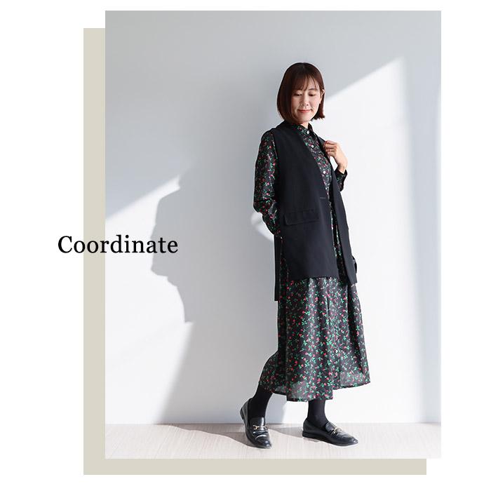 シャツ衿前開きワンピース（デミ）ブラック すっきり 細見え キレイ