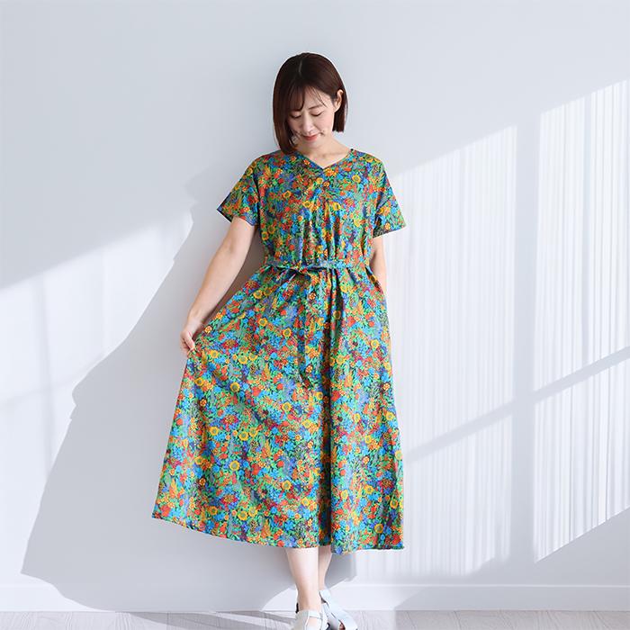 リバティ ワンピース Aライン ＜キアラ＞ グリーン系 夏ワンピ