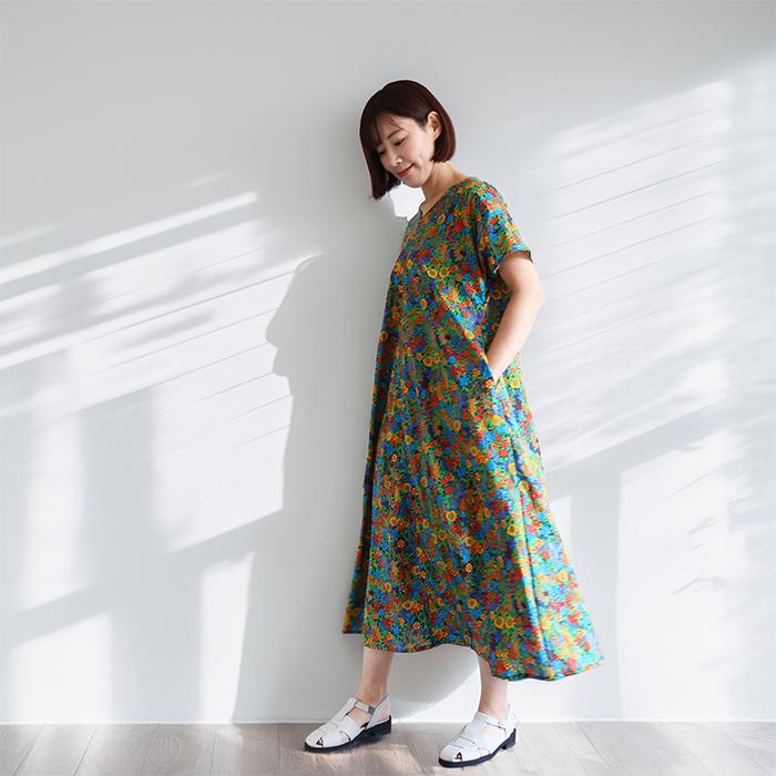 リバティ ワンピース Aライン ＜キアラ＞ グリーン系 夏ワンピ