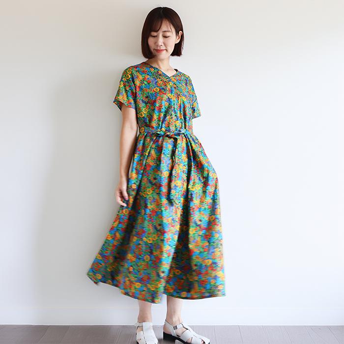 リバティ ワンピース Aライン ＜キアラ＞ グリーン系 夏ワンピ