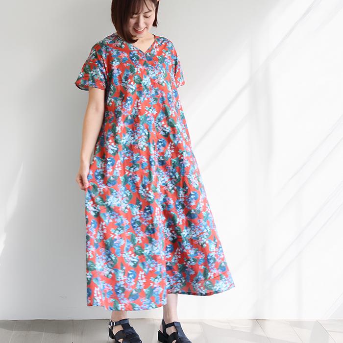 リバティ ワンピース　 Aライン ＜オスタリー＞　朱色系地色　 夏ワンピ　ゆったり涼しい　楽ワンピ　着やせ　リゾート　リバティプリント使用 |  | 06