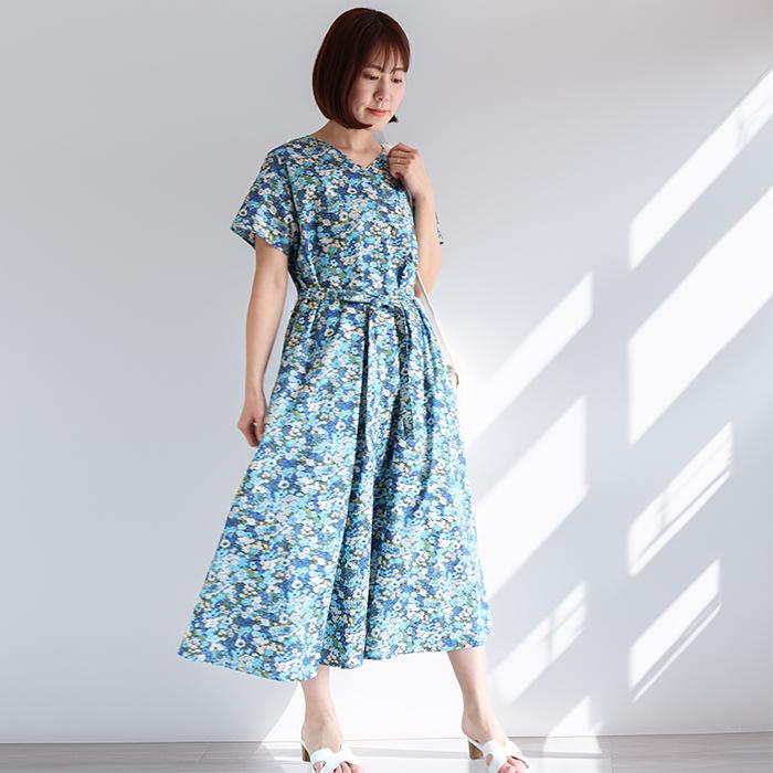 リバティ ワンピース Aライン ＜ソープ＞ ブルー系 夏ワンピ ゆったり
