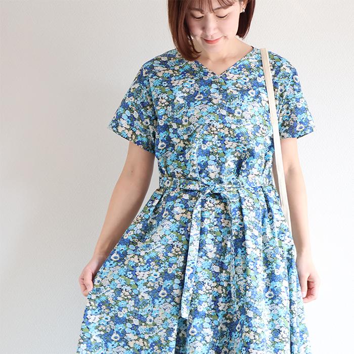 リバティ ワンピース Aライン ＜ソープ＞ ブルー系 夏ワンピ ゆったり