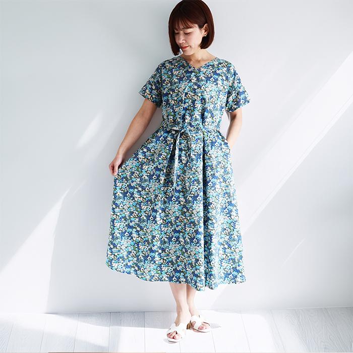 リバティ ワンピース Aライン ＜ソープ＞ ブルー系 夏ワンピ ゆったり