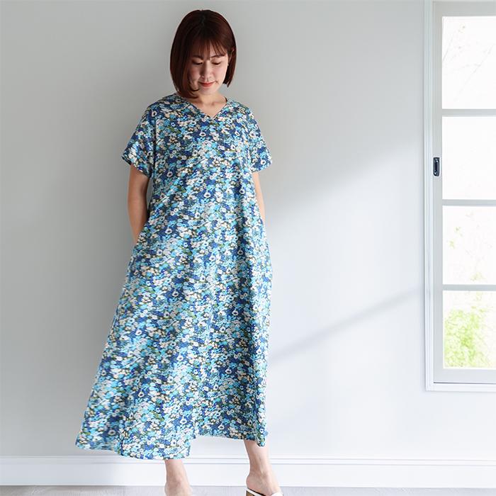 リバティ ワンピース Aライン ＜ソープ＞ ブルー系 夏ワンピ ゆったり