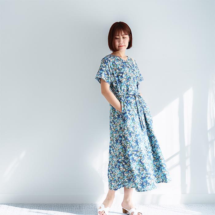 リバティ ワンピース Aライン ＜ソープ＞ ブルー系 夏ワンピ ゆったり