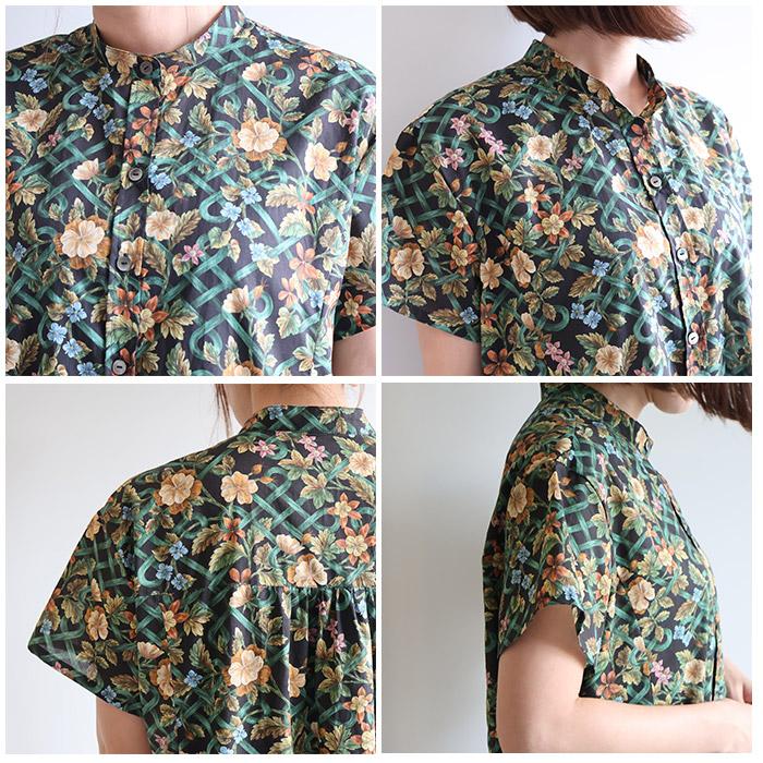 極美品✨リバティ 定番人気のひまわり柄 半袖シャツワンピース ゆったり体型カバー リバティ Rosa半袖OP ＜ボタニカルノット＞ シャツワンピ リラックス