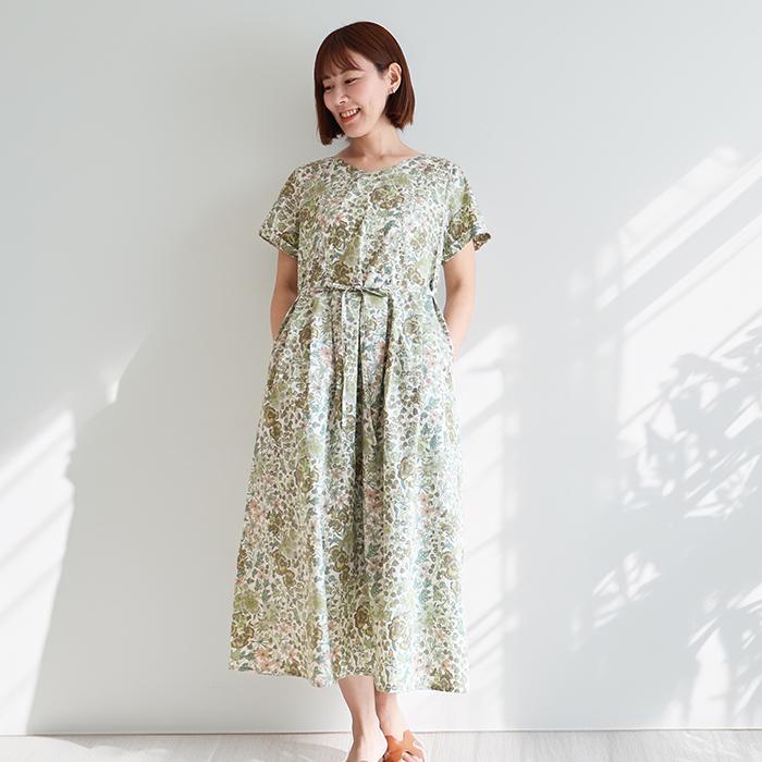 リバティ花柄 美品半袖ドレス リバティ ワンピース ＜エドナ＞レディース 半袖 Vネック フレア