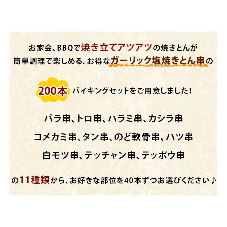 【 送料無料 】 焼きとん 塩ガーリック バイキング 200本 bbq BBQ バーベキュー 贈り物 ギフト 焼肉 焼鳥 焼き鳥 焼き肉 惣菜 肉 生 チルドの画像