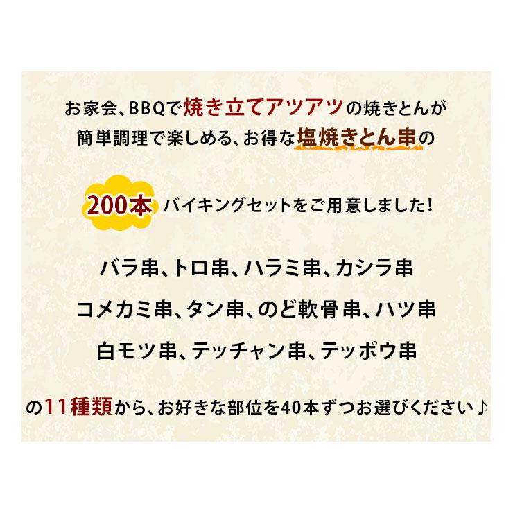 【 送料無料 】 焼きとん 塩 バイキング 200本 bbq BBQ バーベキュー 贈り物 ギフト 焼肉 焼鳥 焼き鳥 焼き肉 惣菜 肉 生 チルドの画像