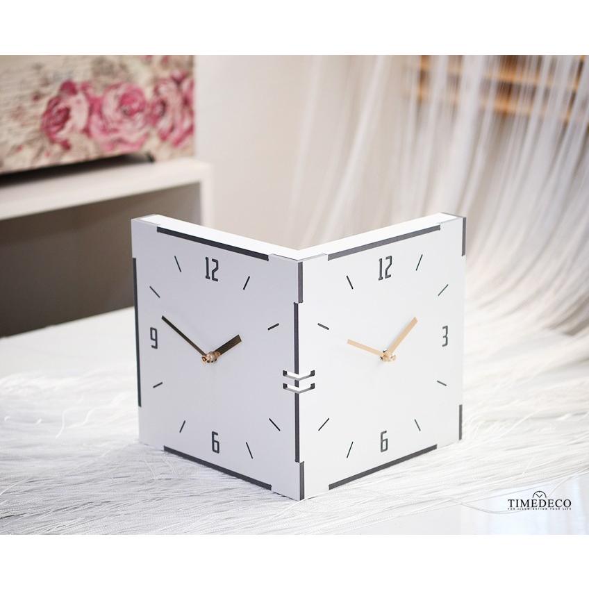 コーナー両面時計-white ハンドメード 木製両面壁掛け時計 おしゃれ