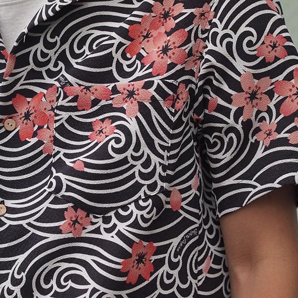 CHIGIRI ちぎり 総柄縮緬開襟シャツ CHS63-1581 桜 龍 波 アロハシャツ