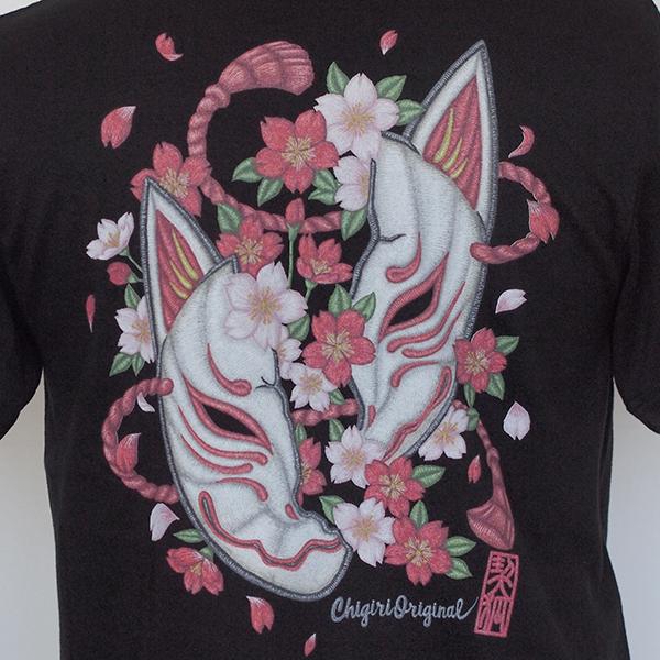 CHIGIRI チギリ 狐面割れ桜刺繍風インクジェットTシャツ CHS63-592 狐