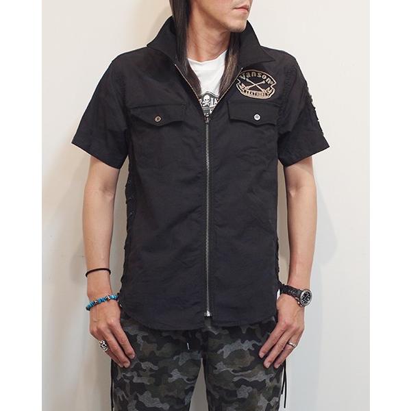 【新品】VANSON バンソン レーヨン迷彩 開襟シャツ　ブラック サイズXL VANSON（バンソン） 迷彩ジャガードジップシャツ スカルインディアン