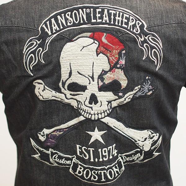 美品　vanson 骨刺繍 半袖シャツ Lサイズ　ボーン　スカル　ワークシャツ VANSON（バンソン） 20％OFF SALE!! デニム半袖シャツ スカルボーン 和