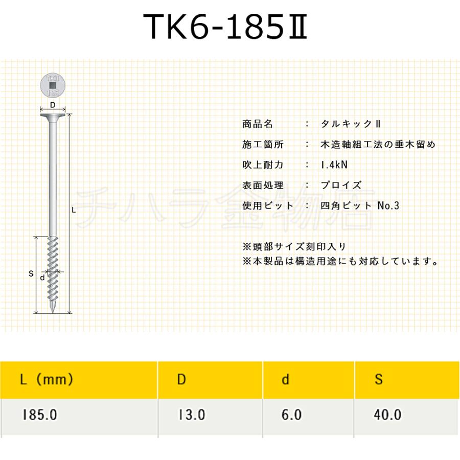 送料無料！垂木留め用ビス　タルキック2　TK6-185II　6箱（100本入×6）　ひねり金物　185mm