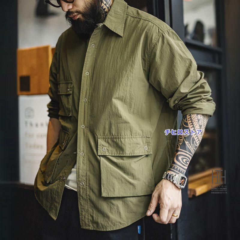 シャツ ワークシャツ 軽量 メンズ 長袖 ミリタリーグリーン 大きいサイズ おしゃれ ナイロンシャツ スナップボタン アウトドア 大容量ポケット 三つポケット シャツ ワークシャツ 軽量 メンズ 長袖 ミリタリーグリーン 大きい