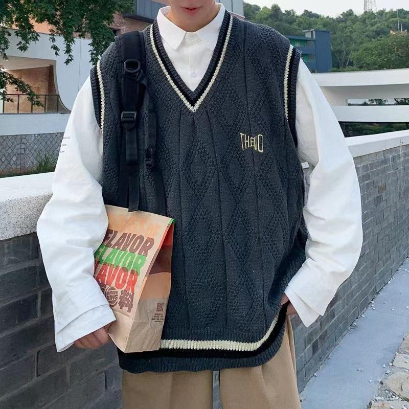 ニットベスト メンズ Vネック 制服 ジレ 通学 トップス ビッグ 
