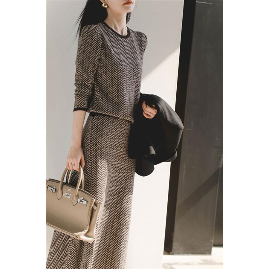 トップス+スカート セットアップ ニット ネイビー 長袖 S~L La-gemme セットアップ サマーニットロングスカートセットアップ