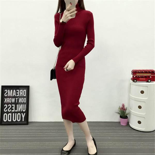 ニットワンピース オシャレ タイト 秋冬服 長袖 ロング丈 ハイネック 2色 セーター 無地 体型カバー 着痩せ 秋新作 カジュアル ニットワンピース ニット ワンピース タイト ハイネック ロング 体型