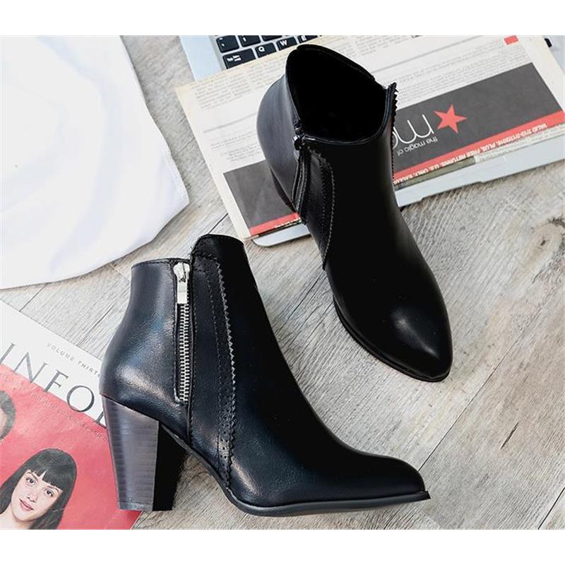ショートブーツ レディース 靴 太ヒール 黒 サイドジップ ハイヒール