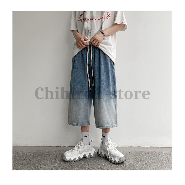 カジュアル 小さなプリント ワイド デニム クロップドパンツ 七分丈パンツ メンズ クロップドパンツ 7部丈 デニム 8分丈 7分