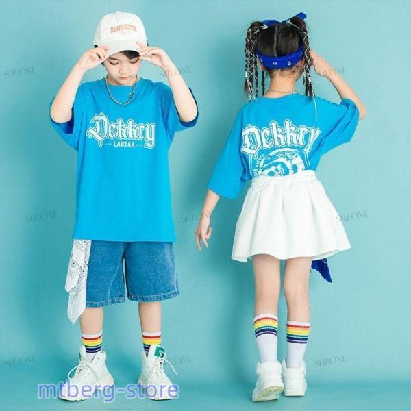 Y2K チアリーダーセットアップ　ブルー　150cm チア キッズ ダンス衣装 セットアップ 男の子 女の子 かっこいい