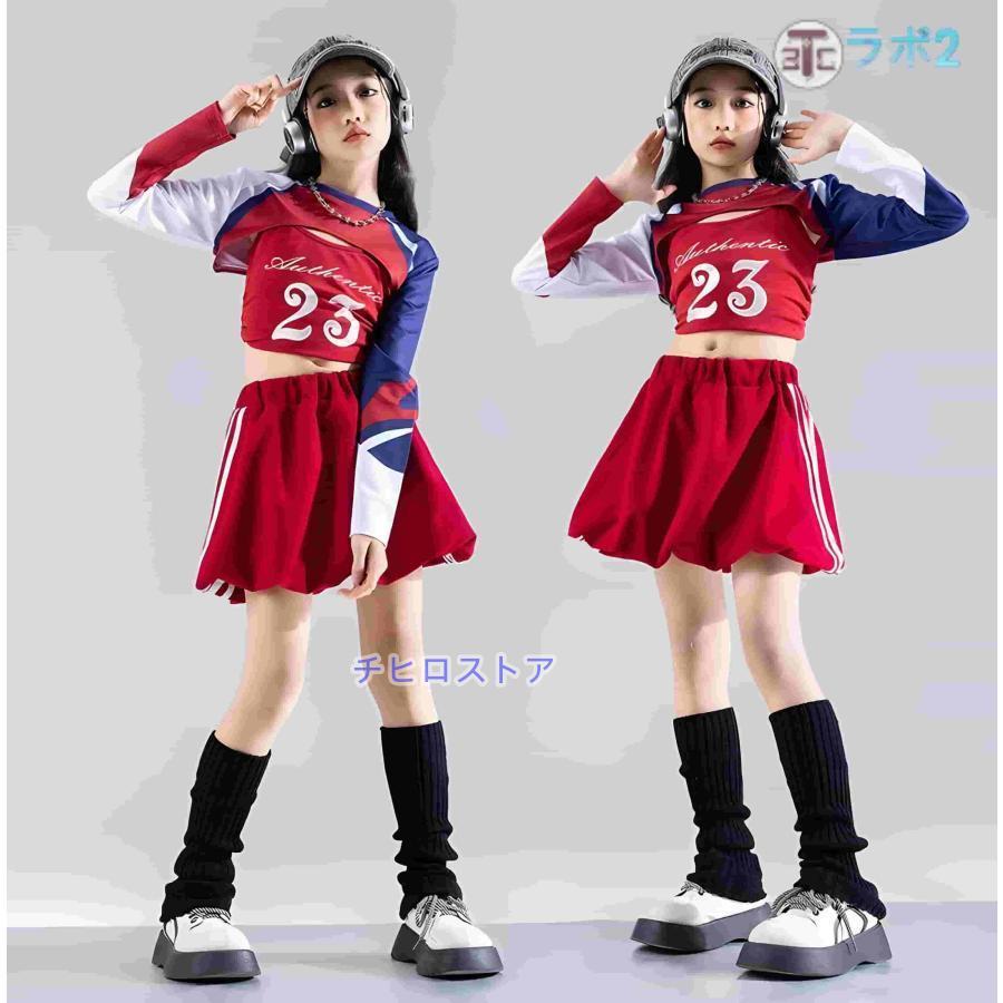 レッド 長袖 へそ出しシャツ ショート丈 チアガール キッズ ダンス衣装