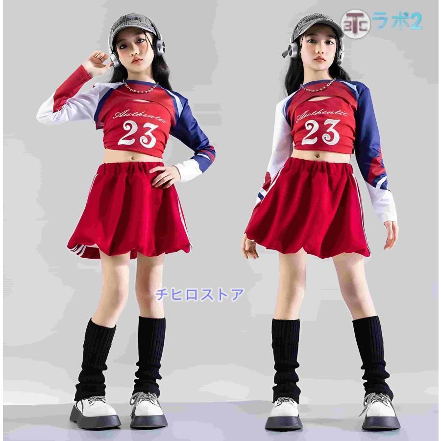 レッド 長袖 へそ出しシャツ ショート丈 チアガール キッズ ダンス衣装