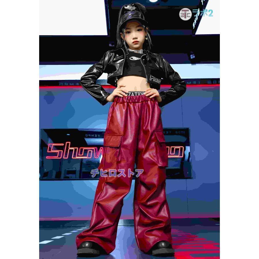 美品 * チアダンスウェア 赤 レザーパンツ スタジャン チアガール へそ出し ショート丈