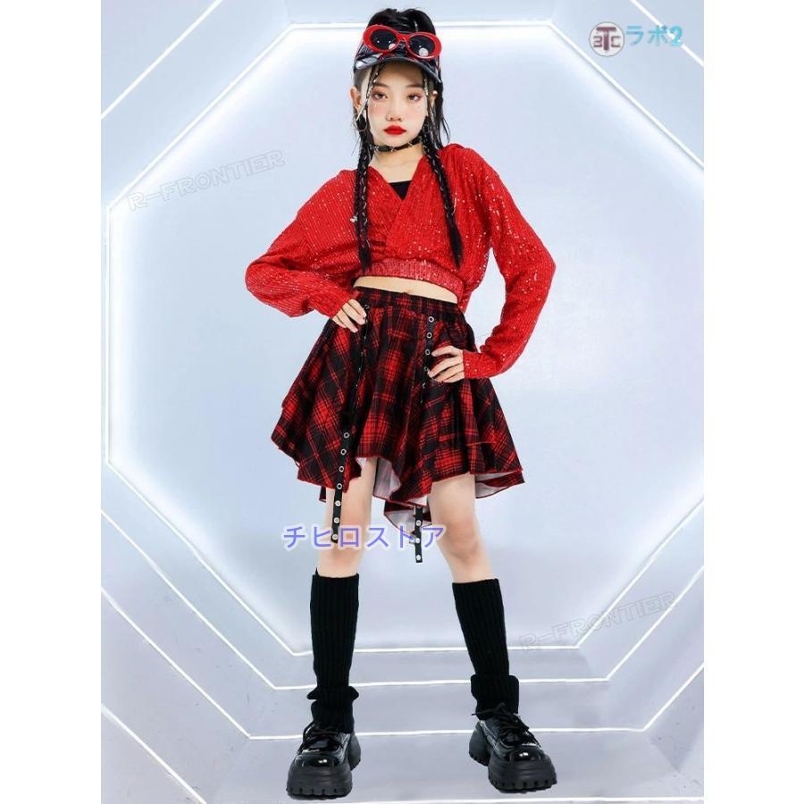 キッズ へそ出し トップス ダンス衣装 女の子 赤 黒 セットアップ
