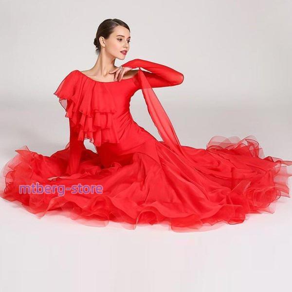 【社交ダンス衣装】レッド ラテン ワンピース ドレス 赤 フリル デモ 競技用 社交ダンス衣装】レッド ラテン ワンピース ドレス 赤 フリル
