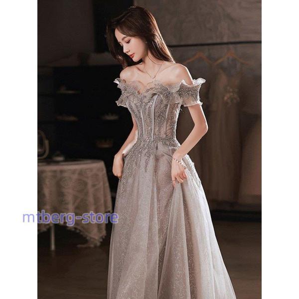 フリル付きオフショルダーパーティードレス ロングドレス オフショルダー 大人 ピアノ 発表会 ワンピース キラキラ