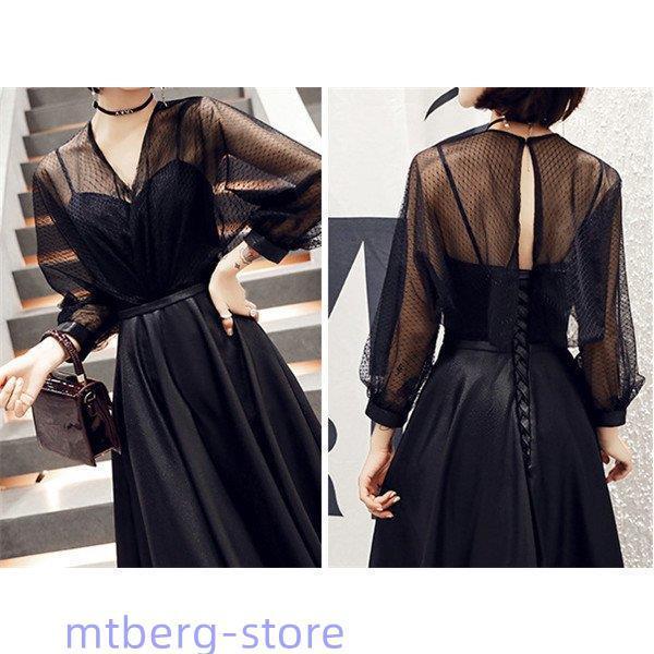 上品ブラック ロングドレス Vネック パーティー 発表会 ロングドレス Vネック ドレス ピアノ発表会 発表会ドレス 黒