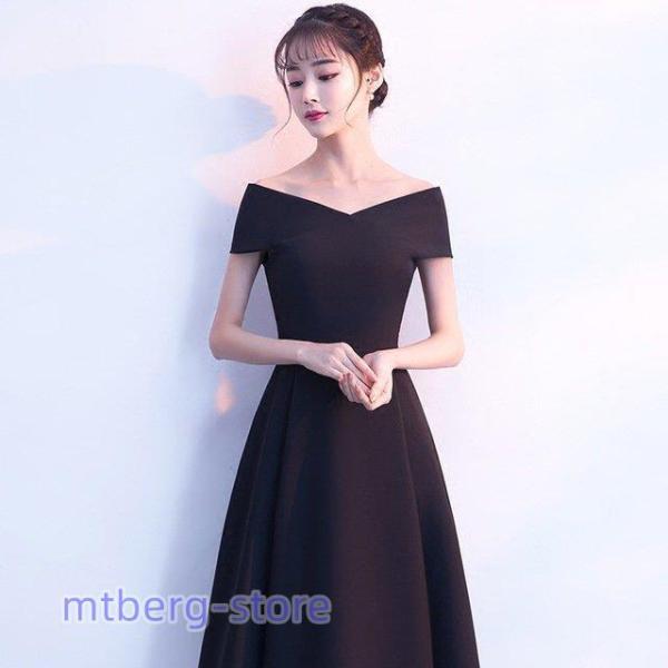 オフショルダー パーティードレス Vネック ブラック サテン 無地 高級  