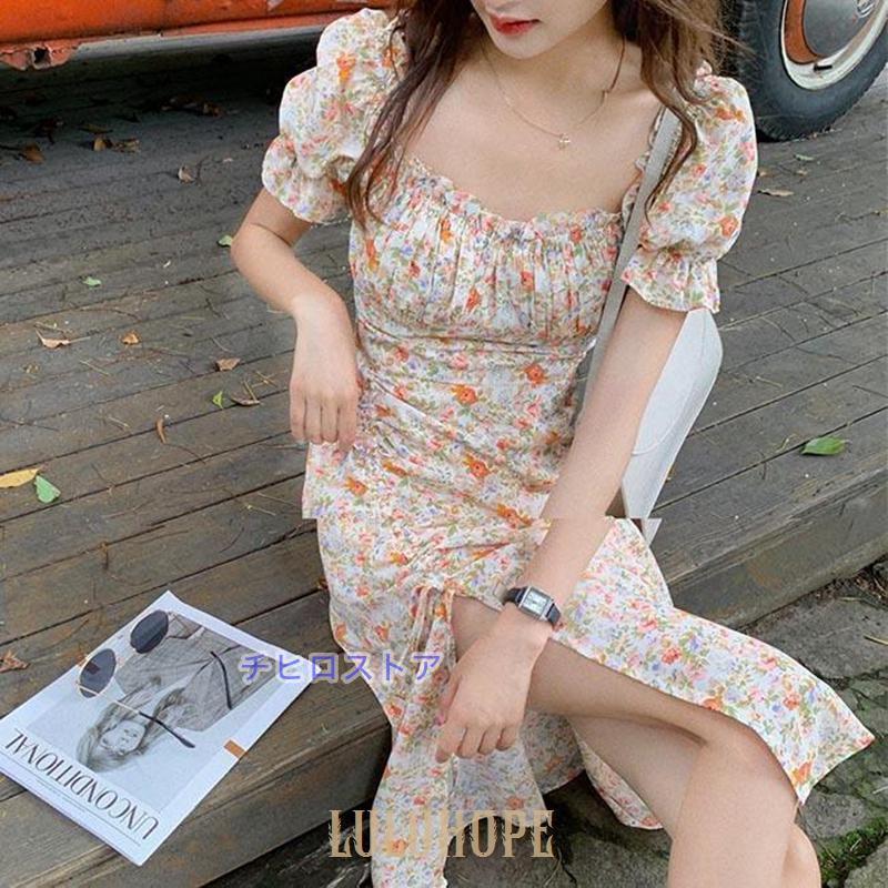 春 夏 半袖ワンピース サマーワンピース ロングワンピ スクエアネック