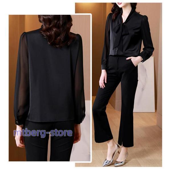 ブラウス レディース シャツブラウス 長袖 オフィス リボン スタンド