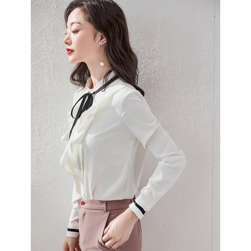 リボンタイ付き 長袖 ブラウス レディースシャツ ホワイト フリル