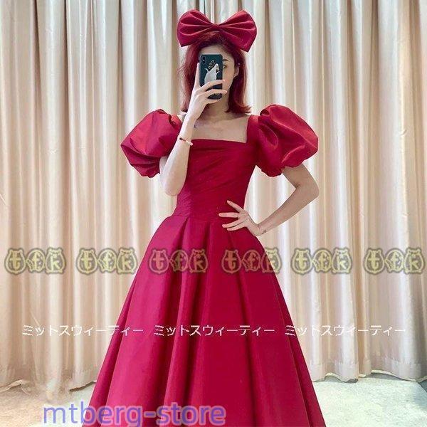 ウェディングドレス プリンセスラインドレス ミモレ丈 パフスリーブ