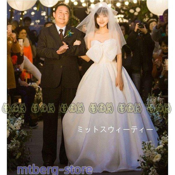 二次会ドレス　花嫁 肩リボンサテンAラインドレス　韓国ドレス 楽天市場】ウェディングドレス 二次会ドレス 結婚式 ブライダル