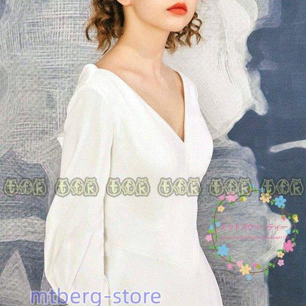 長袖 リボン 背中開き ウェディングドレス ロングドレス バックレス