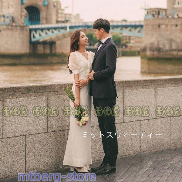 パーティードレス スレンダードレス パフスリーブ ロングドレス 白  