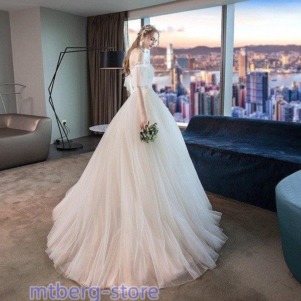 ウェディングドレス白 パーティードレス パフスリーブ オフ