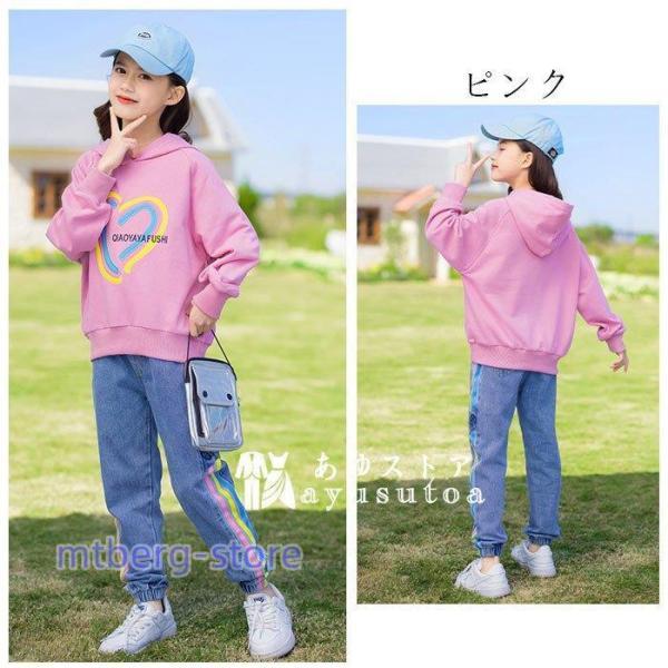 女の子 春服 セットアップ 長袖 パーカー フード付き ハート ジーンズ 