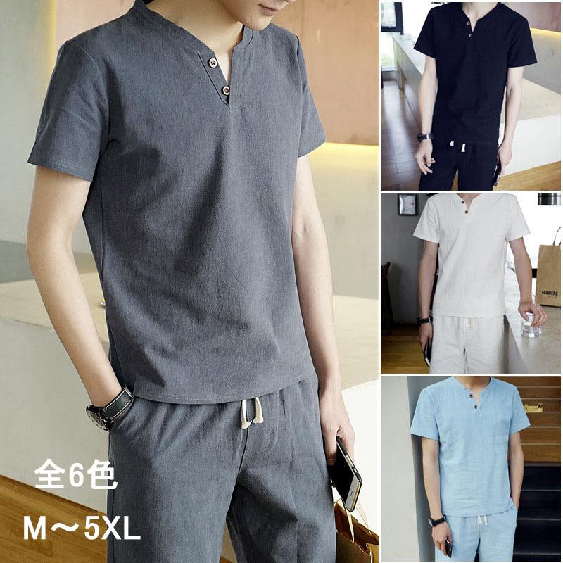 セットアップ メンズ 夏 ジャージ 上下セット スウェット 綿麻 半袖 Tシャツ Vネック 薄手 ショートパンツ スポーツ 大きいサイズ カジュアル おしやれ 新作 年間定番